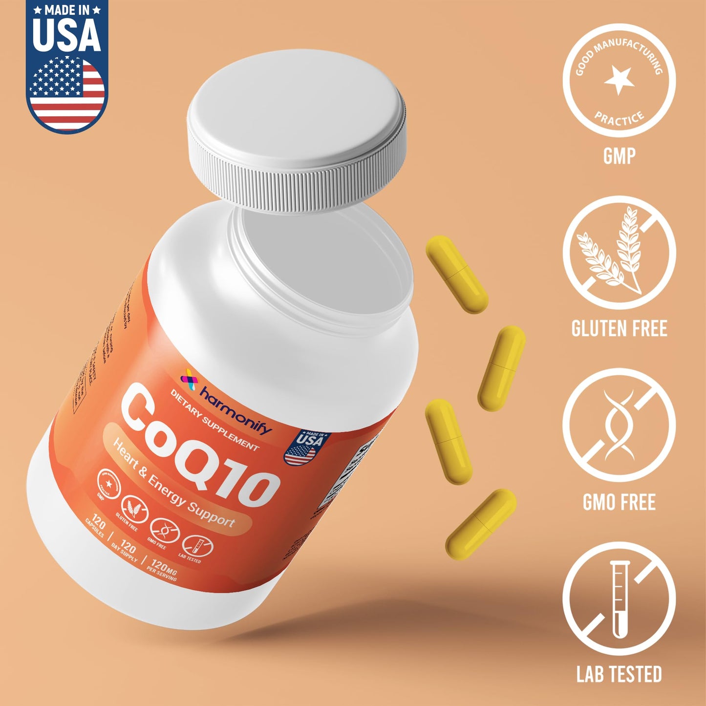 HARMONIFY CoQ10 Capsules 120mg High Absorption Coenzyme Q10 - Heart & Energy Support 120 Capsules for 120 Day Supply - Made in USA, Lab Tested, Gluten Free