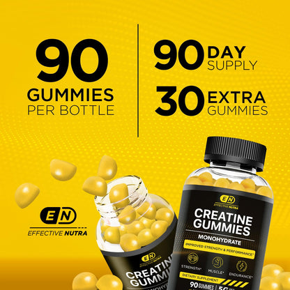 EFFECTIVE NUTRA Creatine Monohydrate Gummies | 1g Per Gummy | Vegan Creatine Gummies Supplement for Men & Women | Strength, Muscle Growth, Energy, Endurance | Natural Lemon Flavor, Made in USA (90ct)