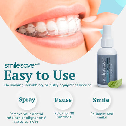Smilesaver Retainer Cleaner Spray – Clear Aligner, Mouth Guard, and Denture Cleaner – Quick Oral Care for Aligner & Retainer Hygiene – Natural, Portable & Minty Fresh Oral Care Products (2oz)