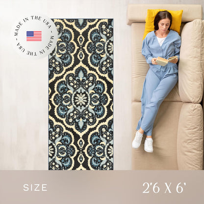 Maples Rugs Vivian Medallion Runner Rug - Made in USA - Washable, Non Slip, Indoor Carpet for Hallway, Kitchen, and Laundry Room, 2'6 x 6', Persian Blue