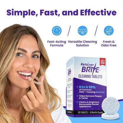 Retainer Brite - Retainer Cleaner Tablets for Invisalign, Mouth Guard Cleaner, Night Guard Cleaner and More. Cleaning Tablets for Ultrasonic Cleaners. 120 Tablets - 4 Month Supply. Made in USA