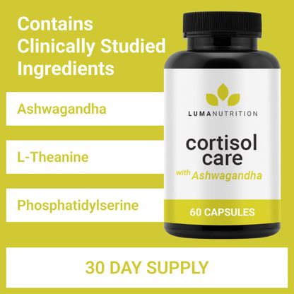 Luma Nutrition Cortisol Reducer and Manager - Ashwagandha + L-Theanine - Cortisol Supplements for Women and Men - Stress Relief, Restful Sleep, Detox, Lower and Control - 60 Capsules