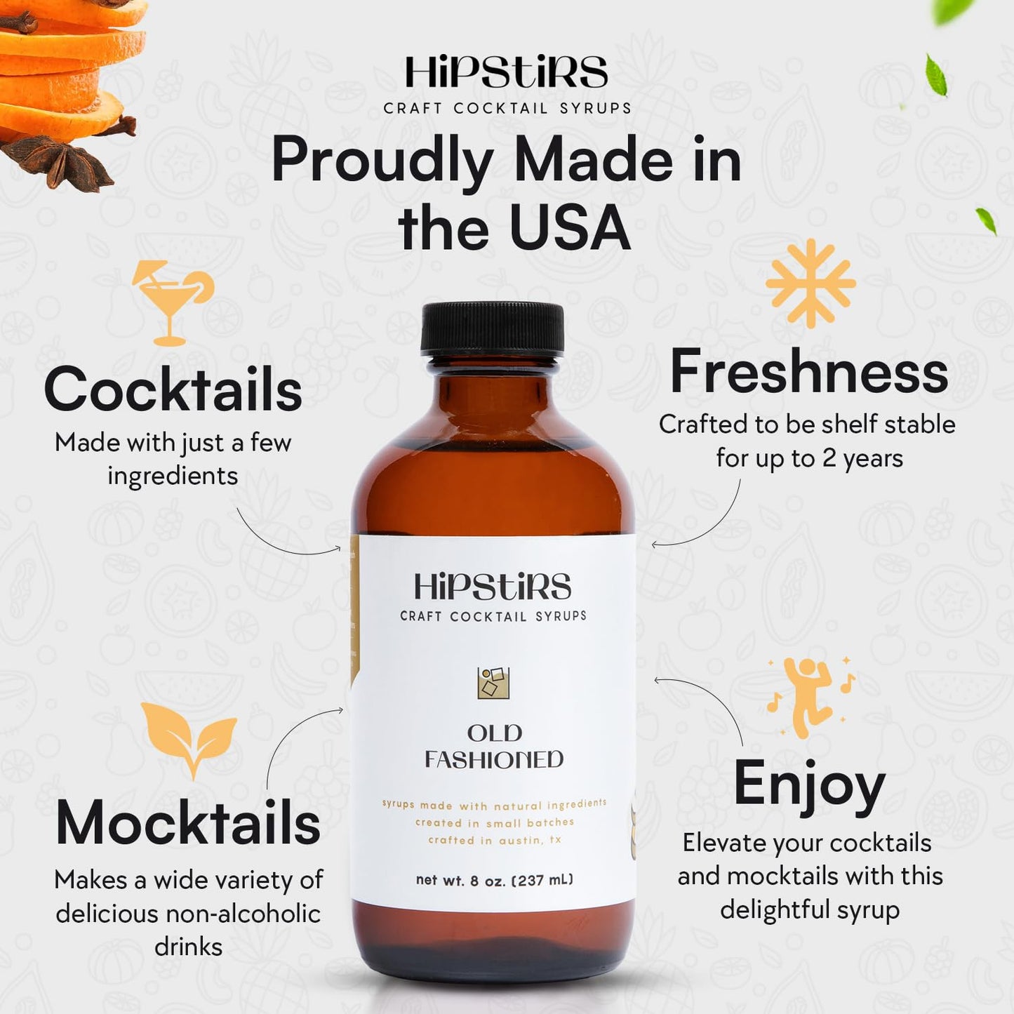 HipStirs Old Fashioned Mix - Our Artisan Old Fashioned Syrup uses Real Blood Orange Bitters for Cocktails to Make it a Rich and Timeless Winter Drink Mixer (8 Fl Oz)