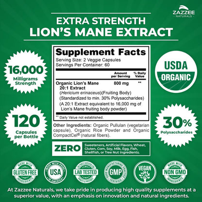 Zazzee USDA Organic Lion's Mane 20:1 Extract, 30% Polysaccharides, 16,000 mg Strength, 120 Vegan Capsules, Nootropic for Brain Health, Focus, Memory, Concentration and Immune Support, Made in The USA