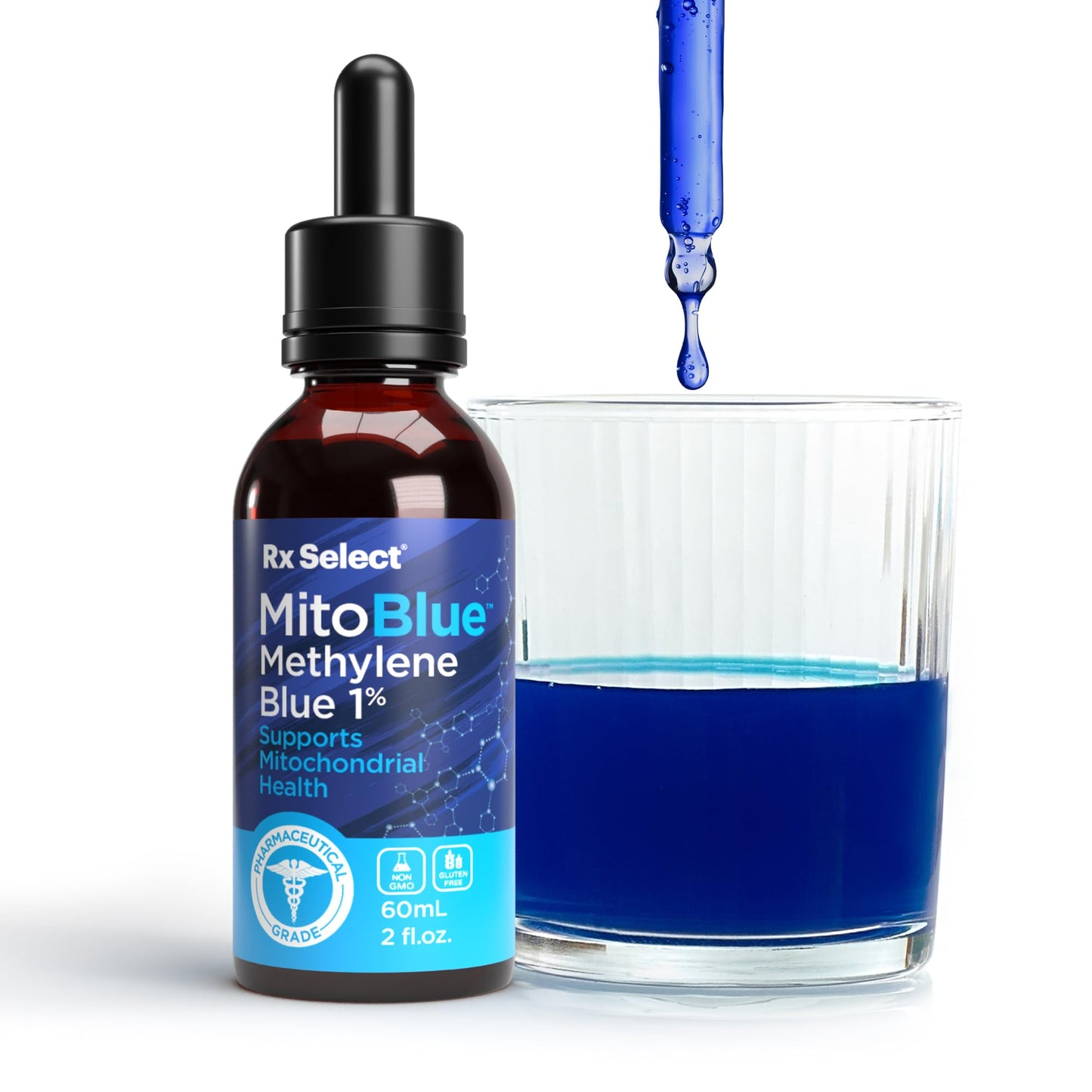 RX Select MitoBlue, Methylene Blue 1%, Solution with Balanced Electrolyte, Health Supplement for Humans – High Cognitive Support, Antioxidant Support, Pharmaceutical Grade, Made in The USA, 2fl oz