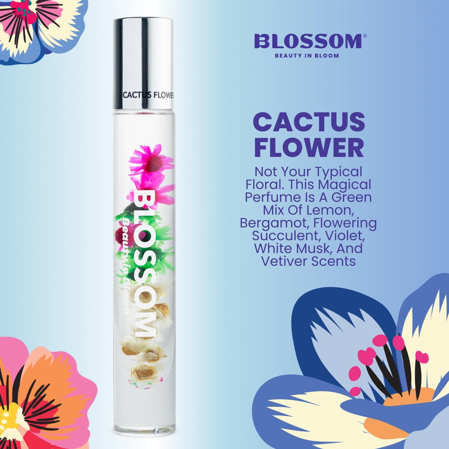 Blossom Roll on Perfume for Women Alcohol Free Rollerball Perfume Oil with Essential Oils, Infused with Real Flowers, Made in USA, 0.20oz (Lemon, Bergamot, Violet, White Musk), Cactus Flower