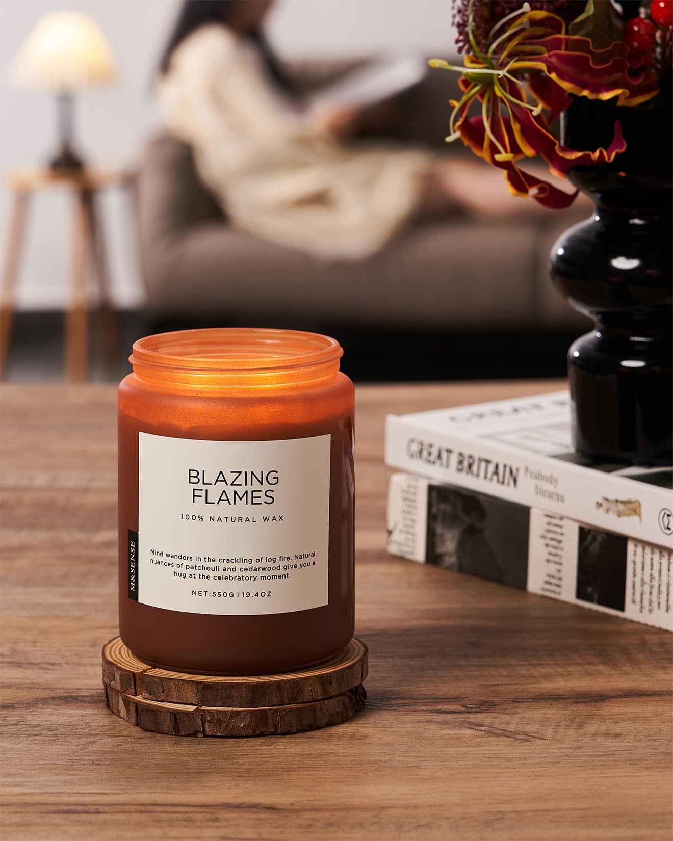 M&SENSE Blazing Flames Scented Candles with Log Fire - Patchouli & Cedarwood, Large Natural Soy 19.4oz 110 Hour Long Lasting Non Toxic Clean Burn Candle Gifts for Men Women
