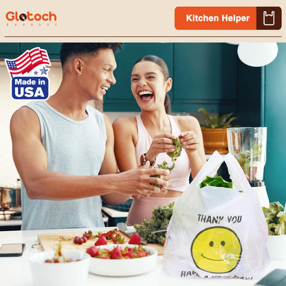 Glotoch 1000 Count - Plastic Thank You T-shirt Bags Smile Face White, 11.5 x 6.5"x 21" Grocery Bags with Handles for Restaurant, Retail, Grocery Store, Takeout, Convenience Stores, Shopping Bag in Bulk