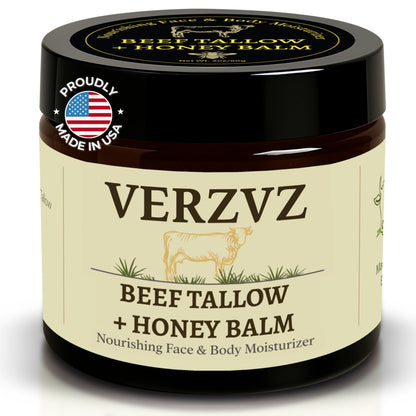 Beef Tallow for Skin and Face – Tallow and Honey Balm Moisturizer, 100% Grass-Fed Beef Tallow with Raw Organic Honey, Beeswax, Olive Oil & Vitamin E – Deep Hydration – Proudly Made in USA – 2oz