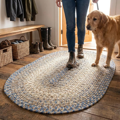Super Area Rugs Blue and Beige Braided Rugs 2X3 Farmhouse Kitchen Rug - Ridgewood Braided Rug for Entryway/Mudroom - Reversible - Woven Indoor/Outdoor Rug - Made in USA - 2' X 3' Oval
