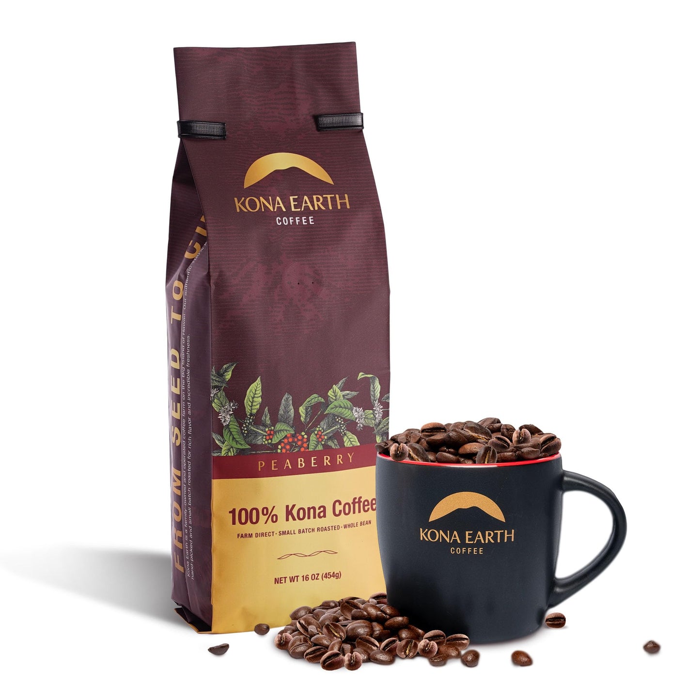 KONA EARTH - Peaberry, 100% Kona Coffee, Whole Farm-Fresh Medium Dark Roast Coffee Beans, Micro-Batch-Roasted, 1 lb., Pack of 1