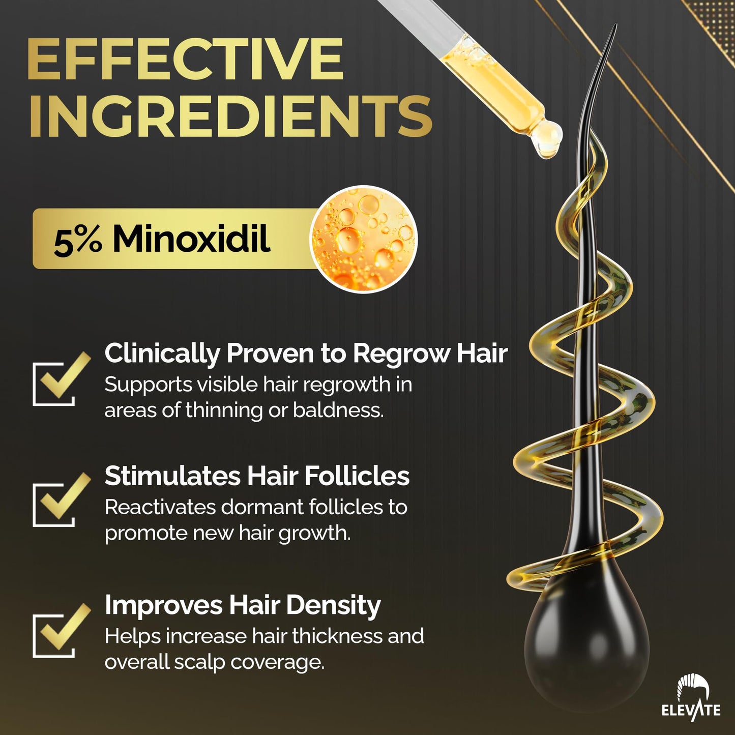 Elevate Hair Regrowth Treatment 5% Minoxidil Solution for Hair Growth - Extra Strength Topical Hair Growth Serum for Thicker, Fuller Hair 2 Fl Oz Made in USA
