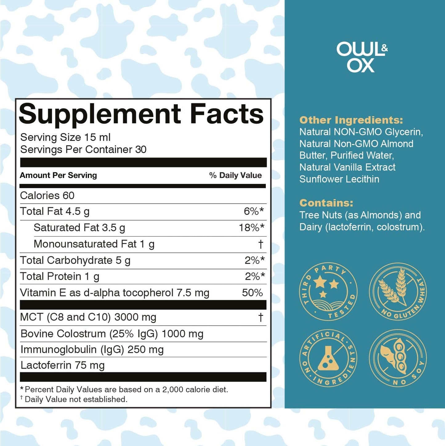 Bovine Colostrum with MCT Oil, Lactoferrin, IgG by Owl & Ox | Grass Fed, US Based | Skin Health, Gut Health and Immune Support | Sugar Free, Keto Friendly, Non GMO