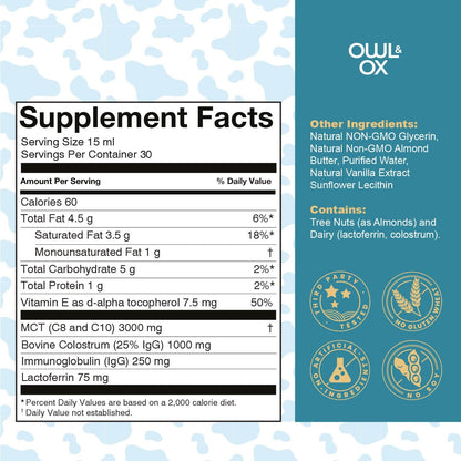 Bovine Colostrum with MCT Oil, Lactoferrin, IgG by Owl & Ox | Grass Fed, US Based | Skin Health, Gut Health and Immune Support | Sugar Free, Keto Friendly, Non GMO
