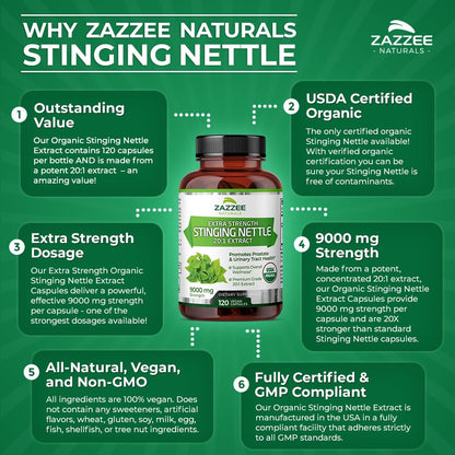 Zazzee USDA Organic Stinging Nettle 20:1 Extract, 9000 mg Strength, 120 Vegan Capsules, 4 Month Supply, Concentrated, Standardized 20X Extract, Certified Organic, 100% Vegetarian, All-Natural, Non-GMO