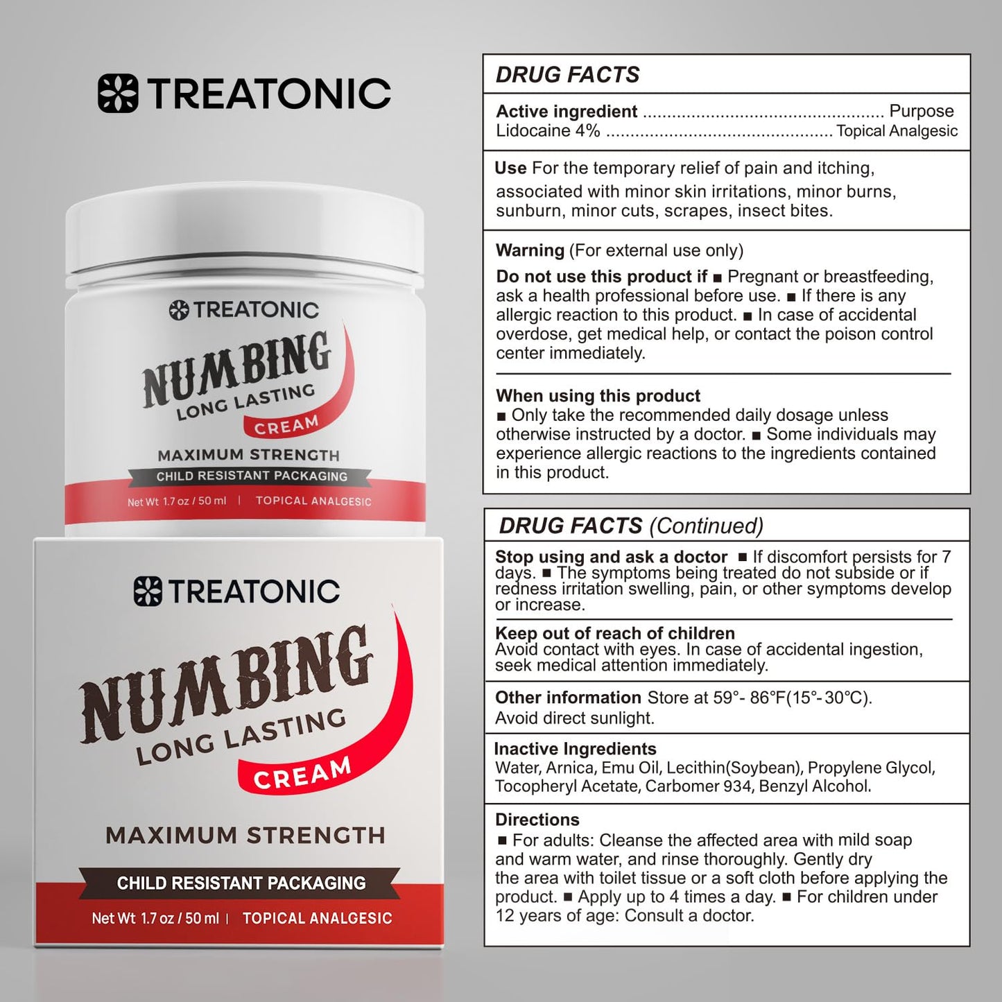 Treatonic Numbing Cream: Maximum Strength Numbing Cream for Discomfort, Burning, & Itching - Fast Acting Topical Anesthetic with Lidocaine & Emu Oil - 1.7oz / 2 Pack