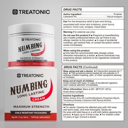 Treatonic Numbing Cream: Maximum Strength Numbing Cream for Discomfort, Burning, & Itching - Fast Acting Topical Anesthetic with Lidocaine & Emu Oil - 1.7oz / 2 Pack