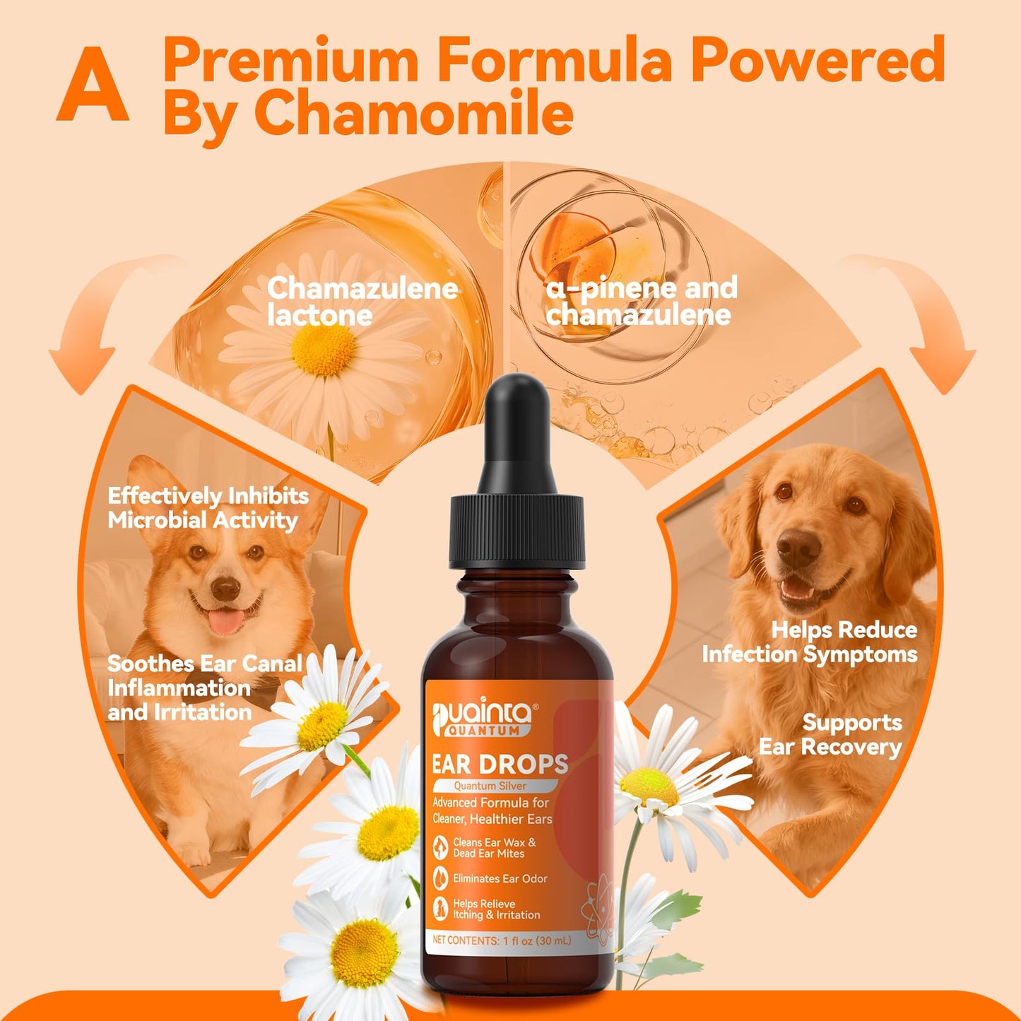 PUAINTA Dog Ear Drops with Finger Cots, Natural Dog Ear Cleaner and Infection Treatment, Quantum Silver Dog Ear Cleaning Solution for Itching, Irritation & Wax Build-Up,1oz