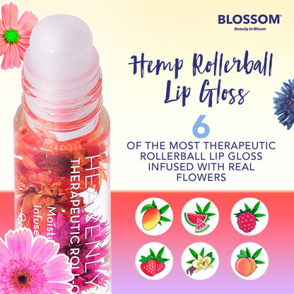 Blossom Roll on Lip Gloss, Scented Clear High Shine Moisturizing Lip Oil, Non Sticky, Infused with Real Flowers, Made in USA, 0.2oz, Mango Hemp