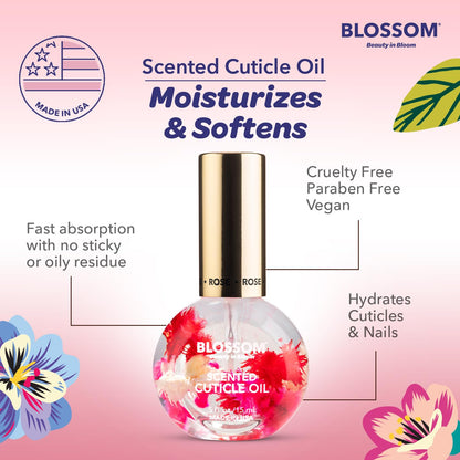 Blossom Cuticle Oil for Nails, Hydrating, Moisturizing, Scented Nail Oil Cuticle Care, Infused with Real Flowers, Made in USA, 0.5 fl. oz, Rose