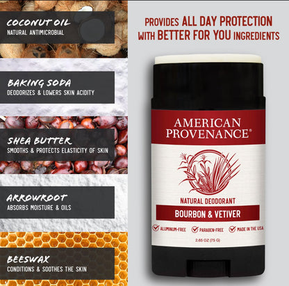 American Provenance Aluminum Free Natural Deodorant For Women and Men - Bourbon and Vetiver - 24 Hour Protection - Cruelty Free - Made in the USA (1 pack)
