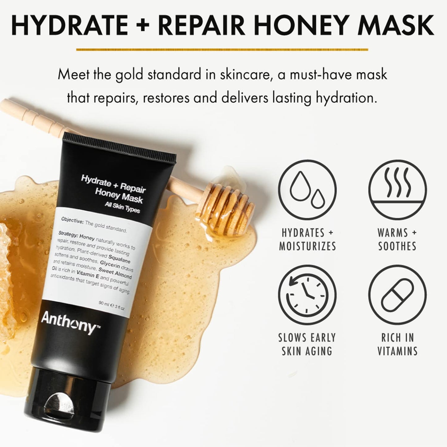 Anthony Hydrate + Repair Honey Mask, Stimulates Your Skin and Opens Pores with Honey, Vitamins C & E, Glycerin, Sweet Almond, Squalane, and Calendula, Soothes and Moisturizes Dry to Normal Skin - 3 Oz