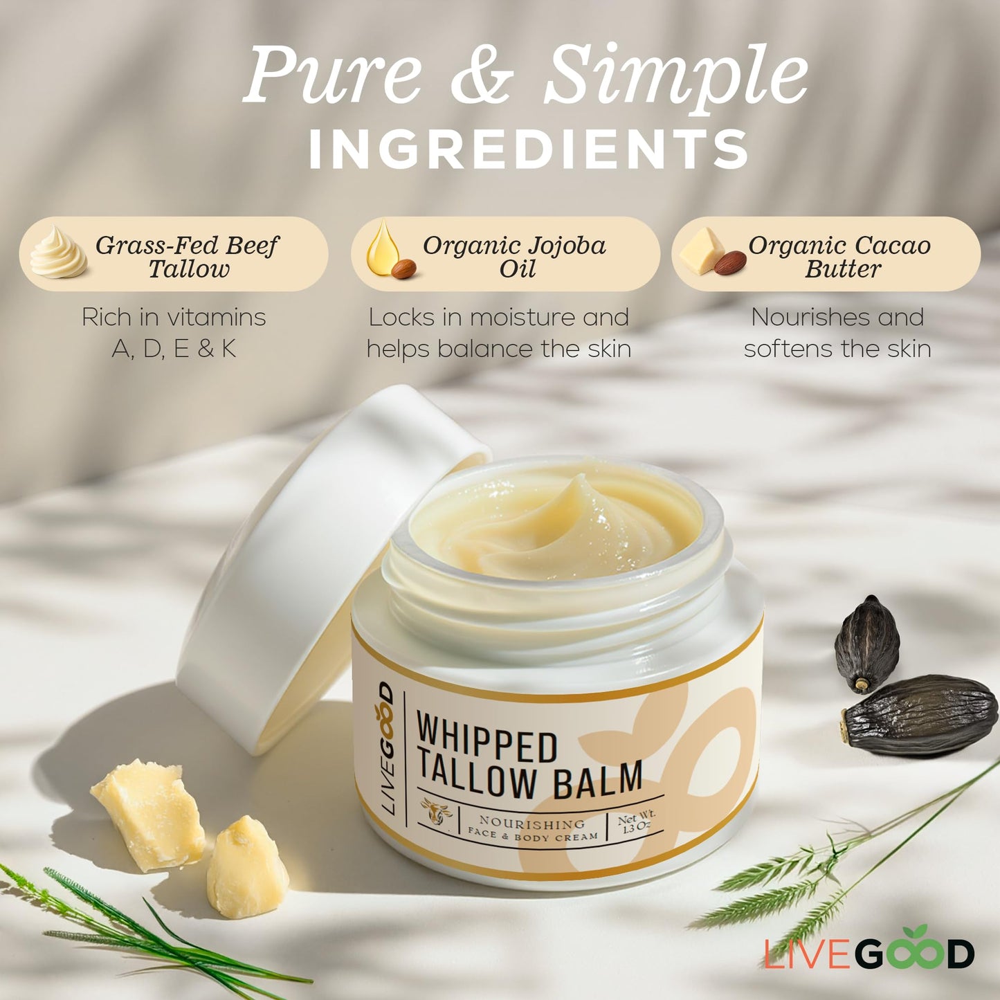 LIVEGOOD Whipped Tallow Balm, Grass Fed Beef Tallow for Skin with Vitamins A, D, E, K, Deeply Moisturizing Beef Tallow Moisturizer for Face and Body Hydration (2 oz)