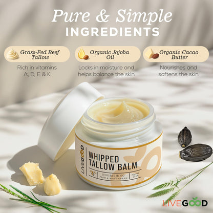 LIVEGOOD Whipped Tallow Balm, Grass Fed Beef Tallow for Skin with Vitamins A, D, E, K, Deeply Moisturizing Beef Tallow Moisturizer for Face and Body Hydration (2 oz)
