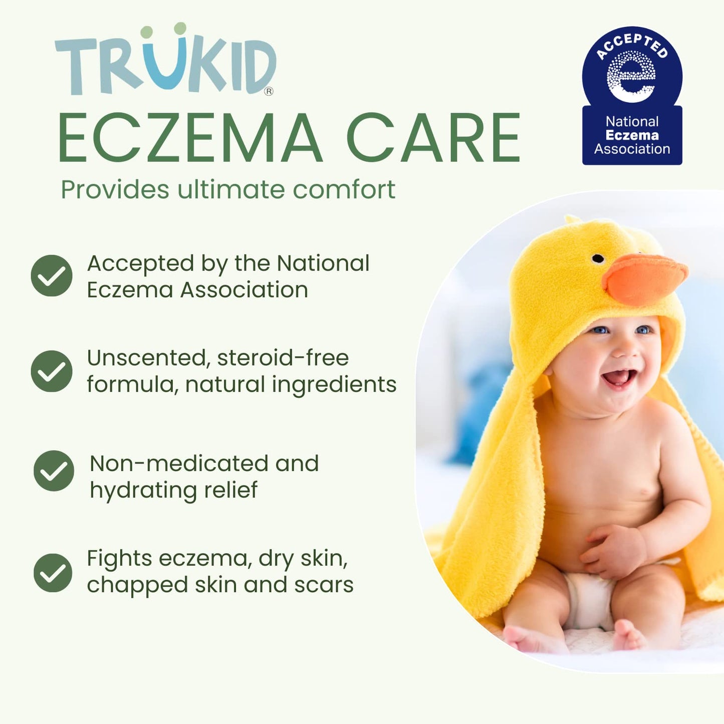 TruKid Natural Eczema Cream for Kids, Toddlers & Babies, NEA-Accepted for Eczema, Safe for Sensitive Skin on Face, Body, & Hands, Unscented, Hydrates & Moisturizes Irritated & Itchy Skin, 3.4oz