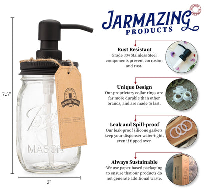 Jarmazing Products Mason Jar Soap Dispenser - Black - 16 oz Ball Mason Jar Liquid Dispenser for Kitchen & Bathroom - Glass - Kitchen Soap Dispenser with Rust Proof Stainless Steel Pump & Lid