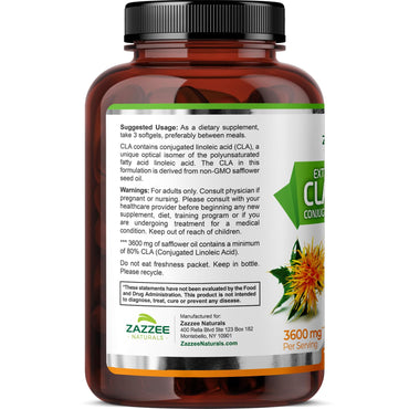 Zazzee High Potency CLA 3600, 180 Softgels, 3600 mg per Serving, Conjugated Linoleic Acid from Safflower Oil, Concentrated and Standardized, 60 Day Supply, Non-GMO and Made in The USA