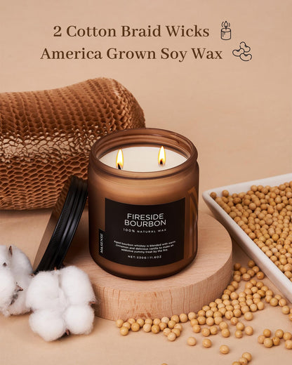 M&SENSE Fireside Bourbon Jar Candle, 11.6oz Clean Soy Wax Up to 70 Hours Burn Time Smoky Scent 2 Wick Cotton Fall Campfire Scented Candle for Home Decor Housewarming Gifts for Bathroom Office