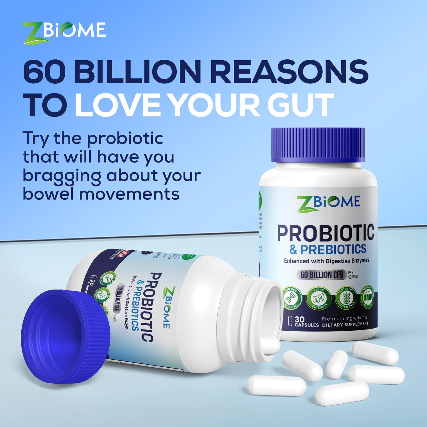 Probiotics + Prebiotics Supplement - 60 Billion CFU - 10 Strains, Lactobacillus, Butyrate & Acidophilus for Digestive, Gut & Body Wellness, Constipation, Diarrhea, Gas & Bloating, Men & Women, 30ct