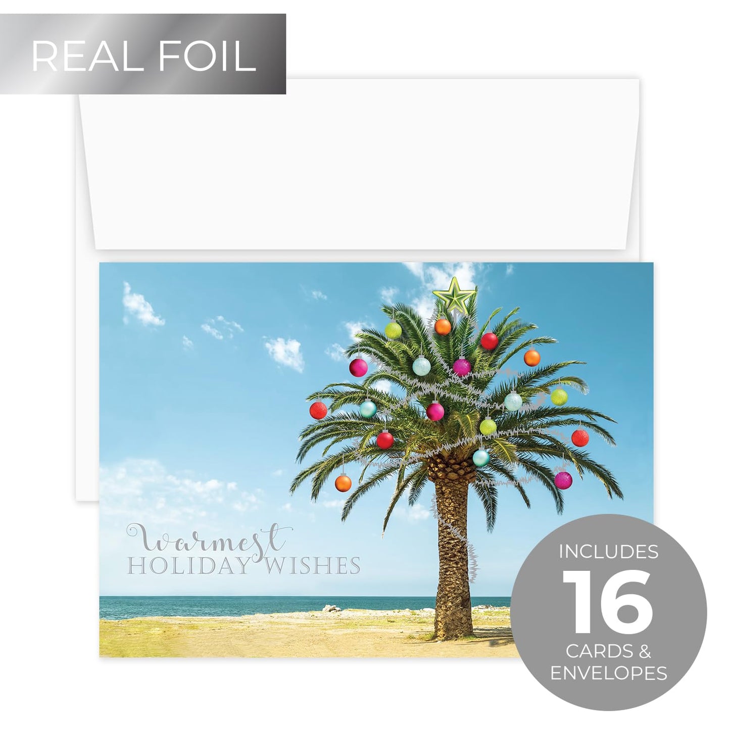Canopy Street Masterpiece Decorated Palm Cards / 16 Tropical Beach Holiday Card Set With White Envelopes / 5 5/8" x 7 7/8" Warm Weather Coastal Vacation Greeting Cards With Inside Verse