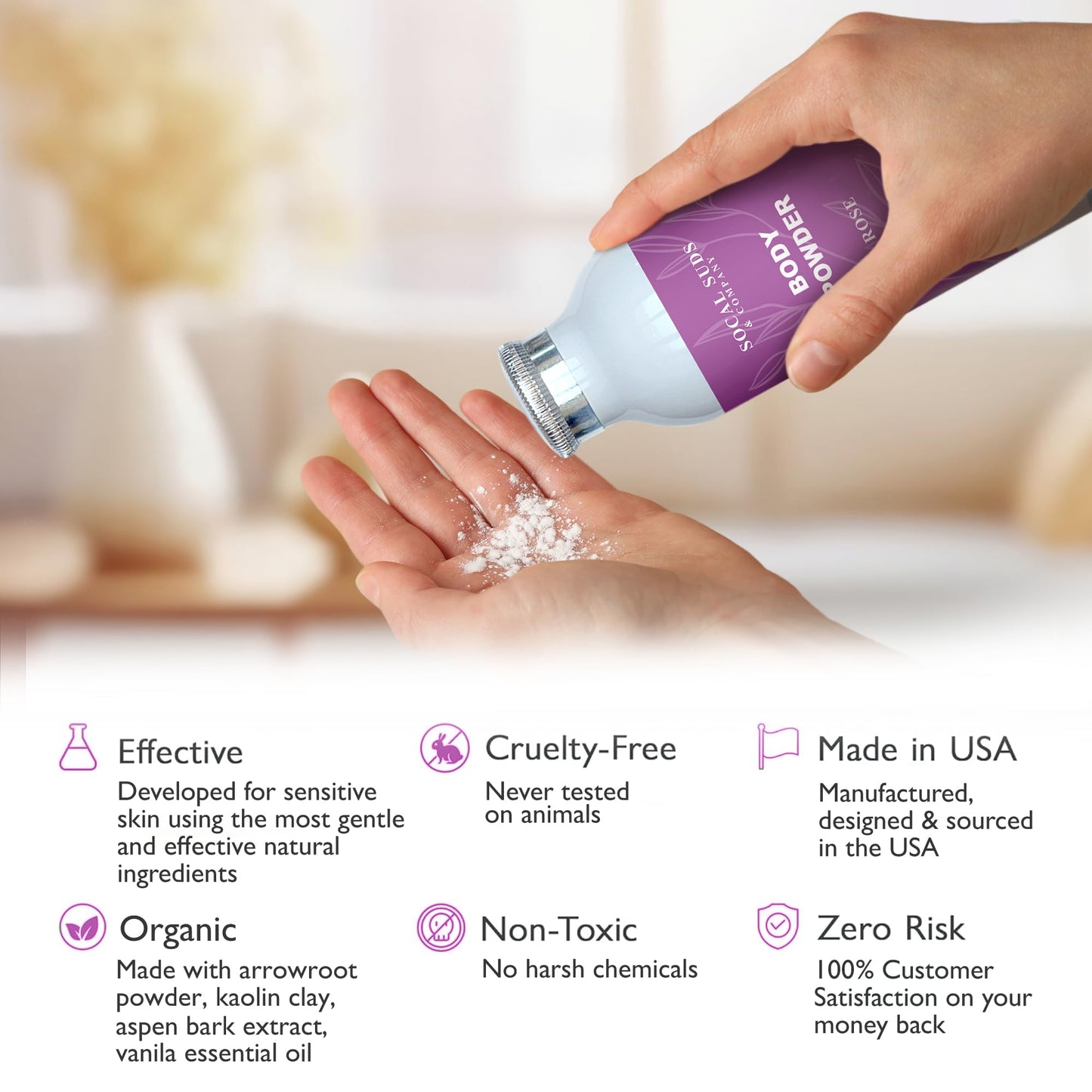 SoCal Suds & Company - Natural Body Powder Talc-Free with Arrowroot Powder, Kaolin, Aspen Bark Extract for Soft Soothing Delicate Skin - Rose 4oz, 1-Pack