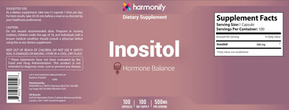HARMONIFY Inositol Supplement 500mg – Balance Support – 100 Capsules | Myo-Inositol Supplement for Women’s Reproductive Health, Mood&Ovarian Support | Non-GMO, Vegan-Friendly