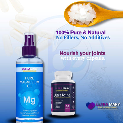 Joint Support UltraMary+(90 Capsules)+Pure Magnesium Oil Spray(300 ml) Combo–Glucosamine 1500mg, Chondroitin, MSM,Turmeric & Boswellia–Mobility, Flexibility & Muscle Relief|Articulaciones & Músculos