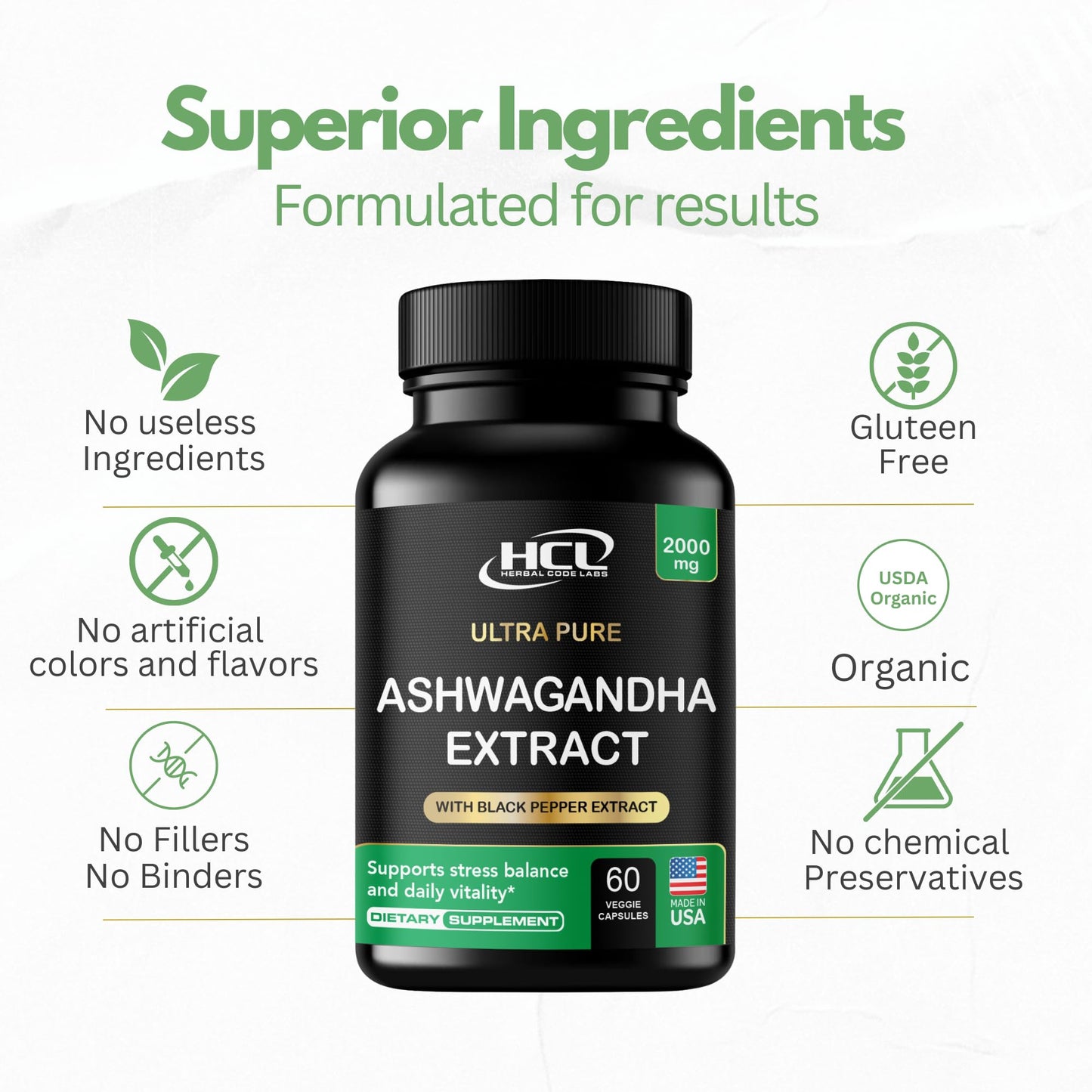 Organic Ashwagandha Capsules 2000 MG Root Powder Extract with Black Pepper & Lemon Balm 2 Month Supply - Natural Way to Relieve Stress