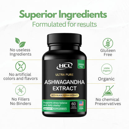 Organic Ashwagandha Capsules 2000 MG Root Powder Extract with Black Pepper & Lemon Balm 2 Month Supply - Natural Way to Relieve Stress