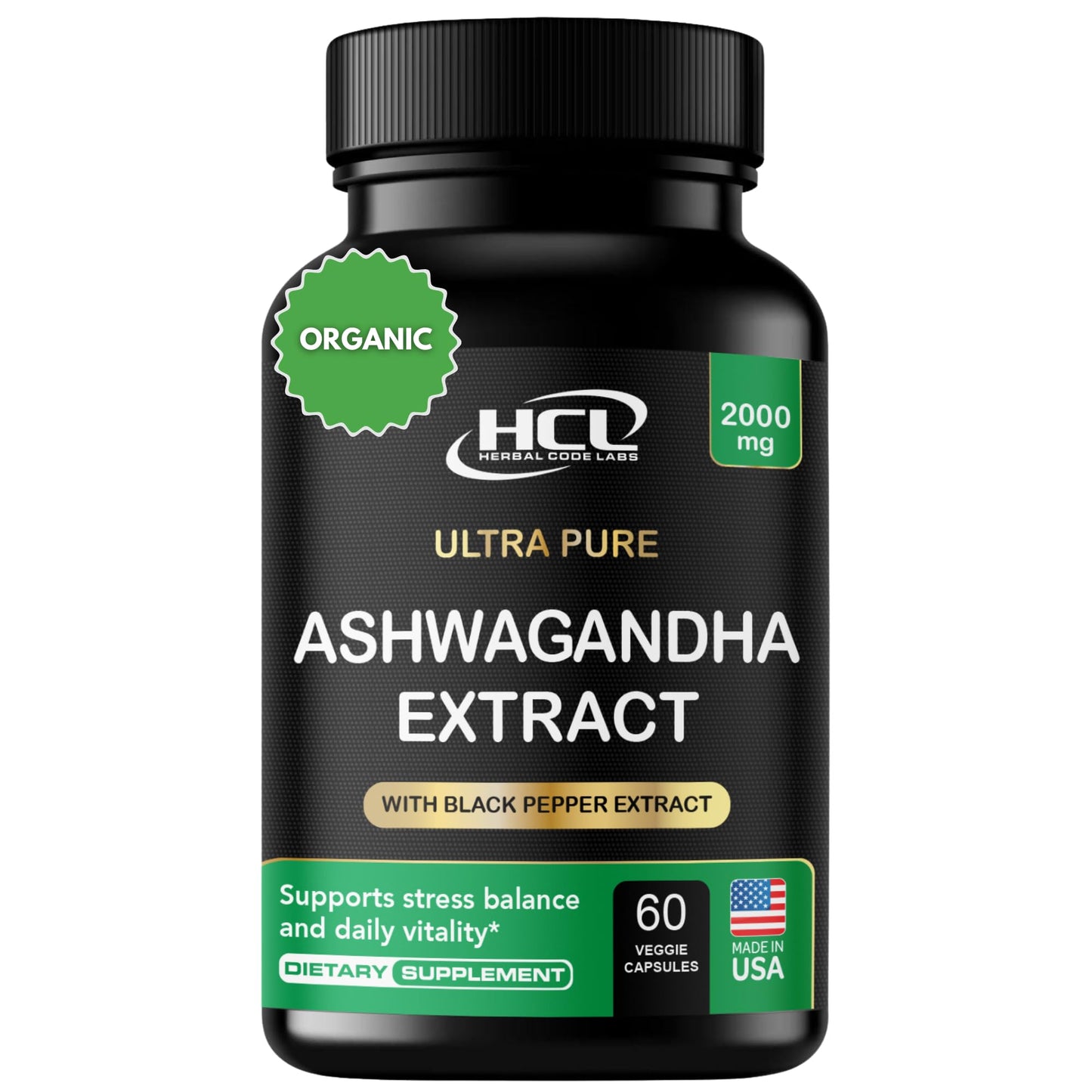 Organic Ashwagandha Capsules 2000 MG Root Powder Extract with Black Pepper & Lemon Balm 2 Month Supply - Natural Way to Relieve Stress