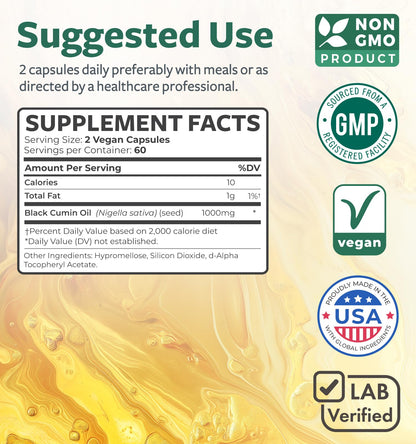 Black Seed Oil - 120 Softgel Capsules Skin Health (Non-GMO & Vegan) Cold-Pressed Nigella Sativa Producing Pure Black Cumin Seed Oil with Vitamin E - 500mg Each, 1000mg Per 2 Capsule Serving