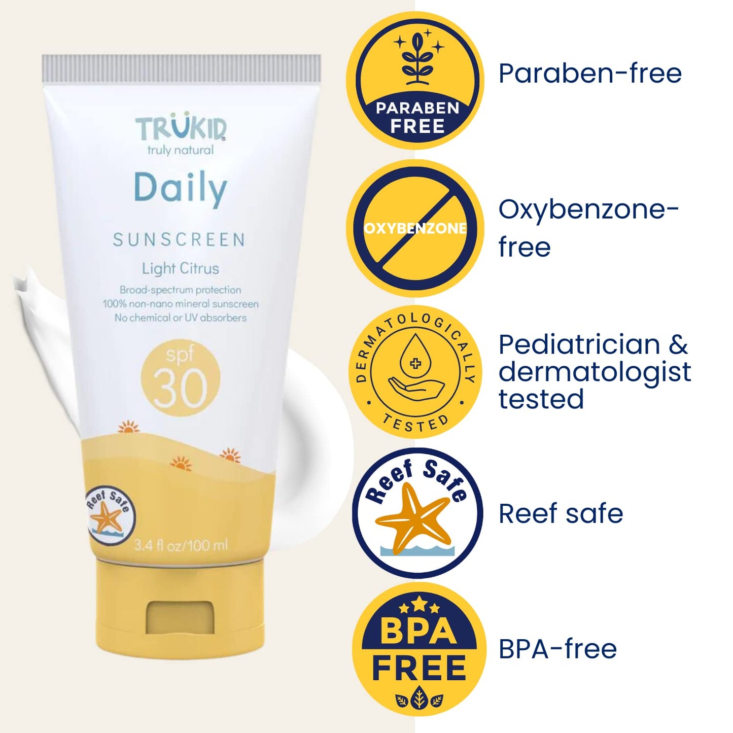 TruKid Daily Mineral Sunscreen SPF 30 - All Natural Kids & Baby Sunscreen for Face & Body, Non-Toxic Zinc Oxide Sunblock Protection for Sensitive Skin, Light Citrus, FSA Eligible, Travel Size 3.4oz