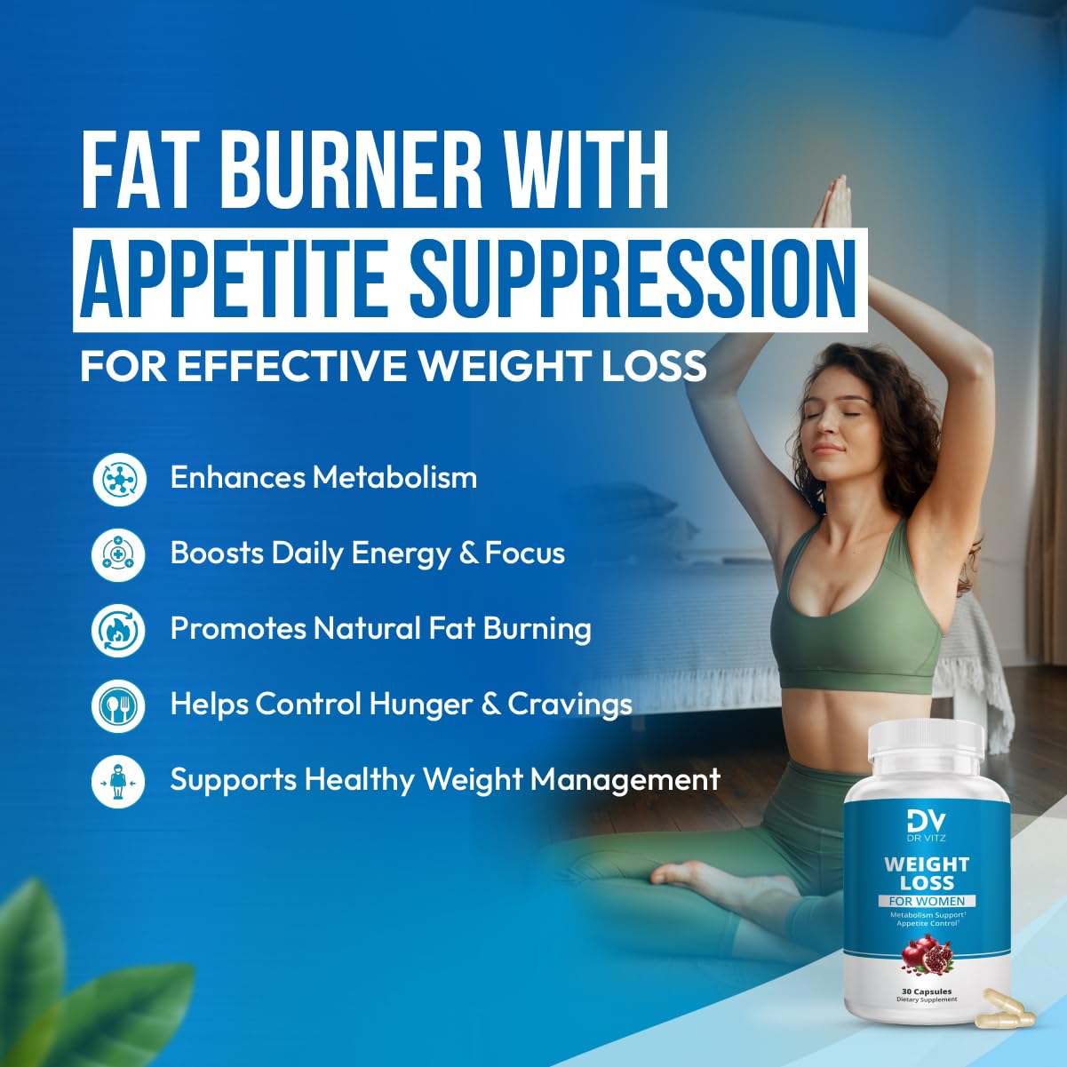 Dr Vitz Weight Loss Pills for Women – Fat Burner & Appetite Suppressant – Metabolism Booster with Chromium, Green Tea & Guarana – 30 Capsules – Caffeine Anhydrous for Energy Support