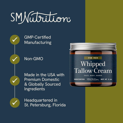 Whipped Beef Tallow Cream for Men | Face & Body | Beef Tallow for Skin Health & Barrier Support | Unscented | Whipped Men’s Moisturizer Cream with Beeswax | Grass-Fed, Cruelty-Free & Non-GMO | 2 oz