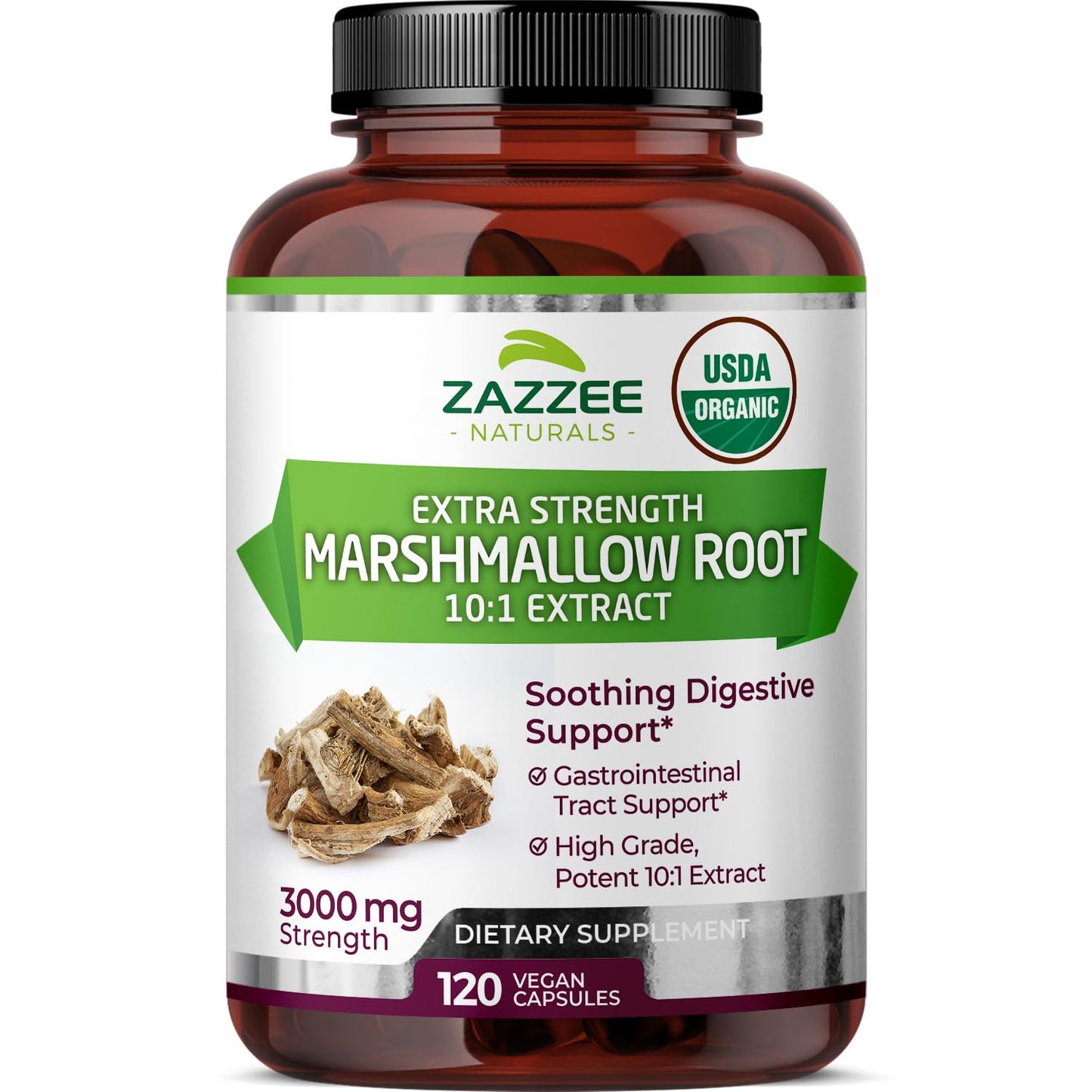 Zazzee USDA Organic Marshmallow Root 10:1 Extract, 3000 mg Strength, 120 Vegan Capsules, 4 Month Supply, Standardized, Concentrated 10X Extract, 100% Vegetarian, All-Natural, Non-GMO, Made in The USA