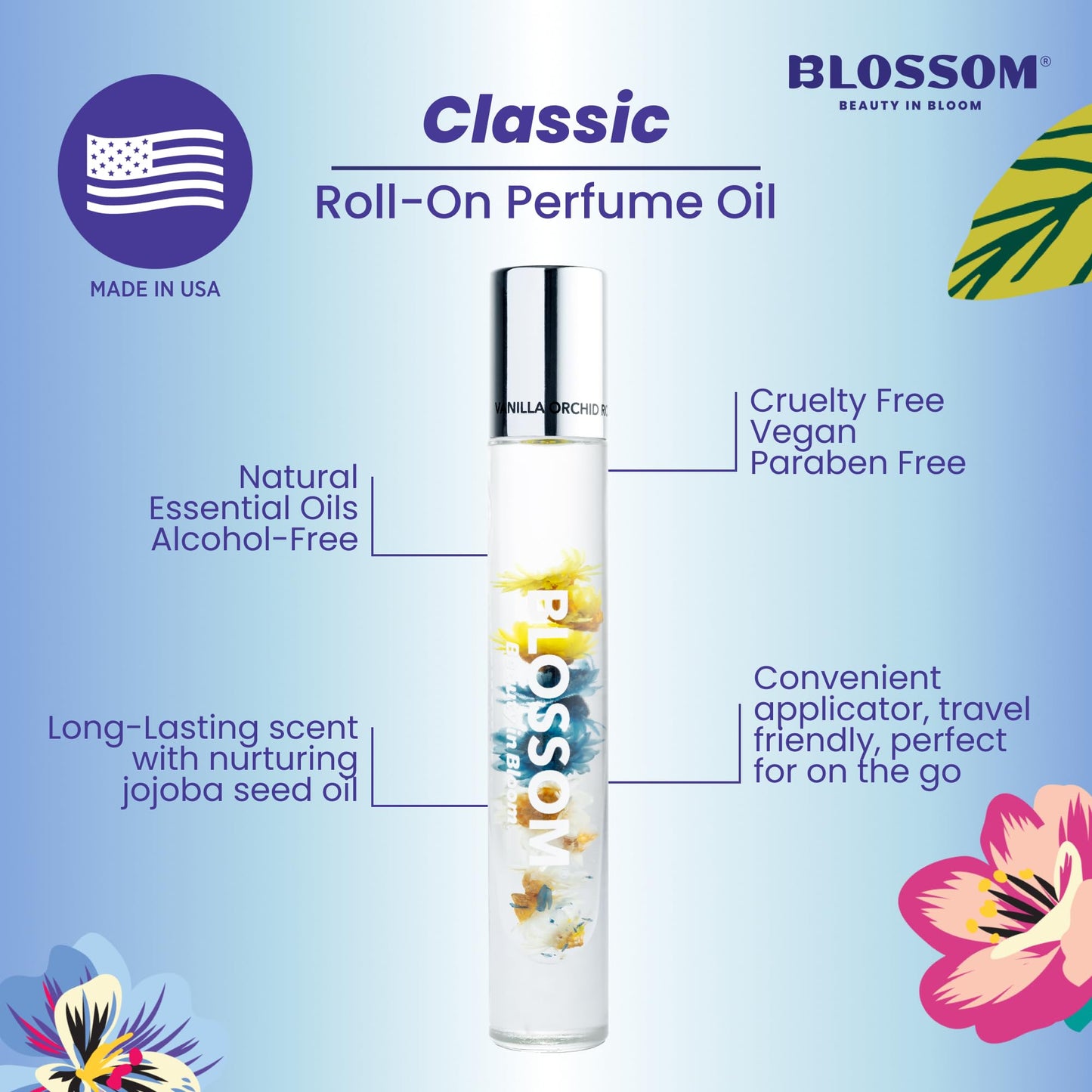 Blossom Roll on Perfume for Women Alcohol Free Rollerball Perfume Oil with Essential Oils, Infused with Real Flowers, Made in USA, 0.20oz (Vanilla, Amber), Vanilla Orchid