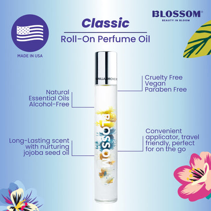 Blossom Roll on Perfume for Women Alcohol Free Rollerball Perfume Oil with Essential Oils, Infused with Real Flowers, Made in USA, 0.20oz (Vanilla, Amber), Vanilla Orchid