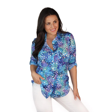 SNO SKINS Spring/Summer Collection Designer Print Crinkle Button-Down Shirt (Bubbles)