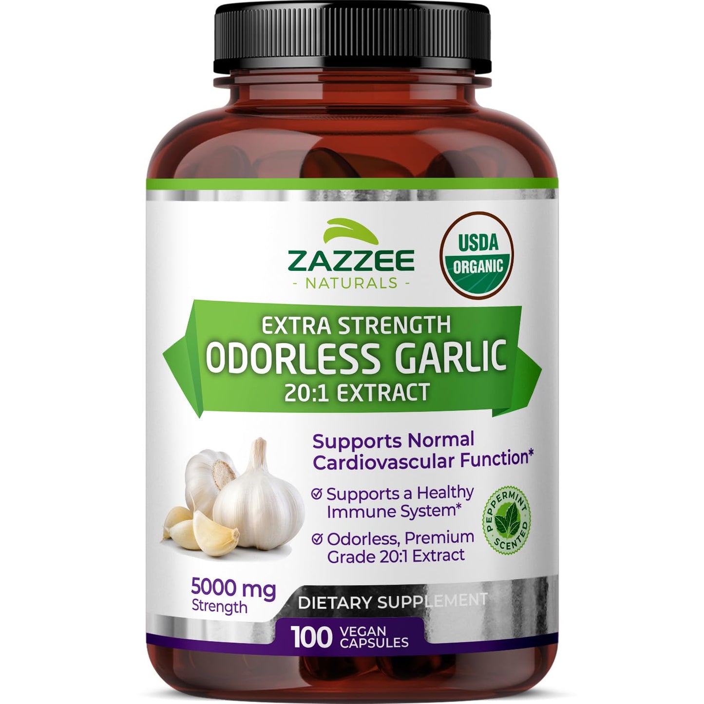 Zazzee USDA Organic Odorless Garlic 20:1 Extract, 5000 mg Strength, 100 Vegan Capsules, 3+ Month Supply, Standardized, Concentrated 20X Extract, 100% Vegetarian, All-Natural, Non-GMO, Made in The USA