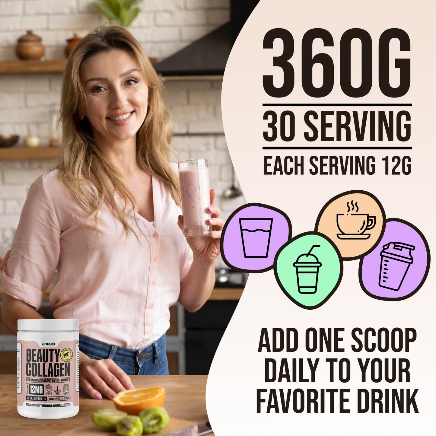 anocin Beauty Collagen Peptides, Unflavored Powder